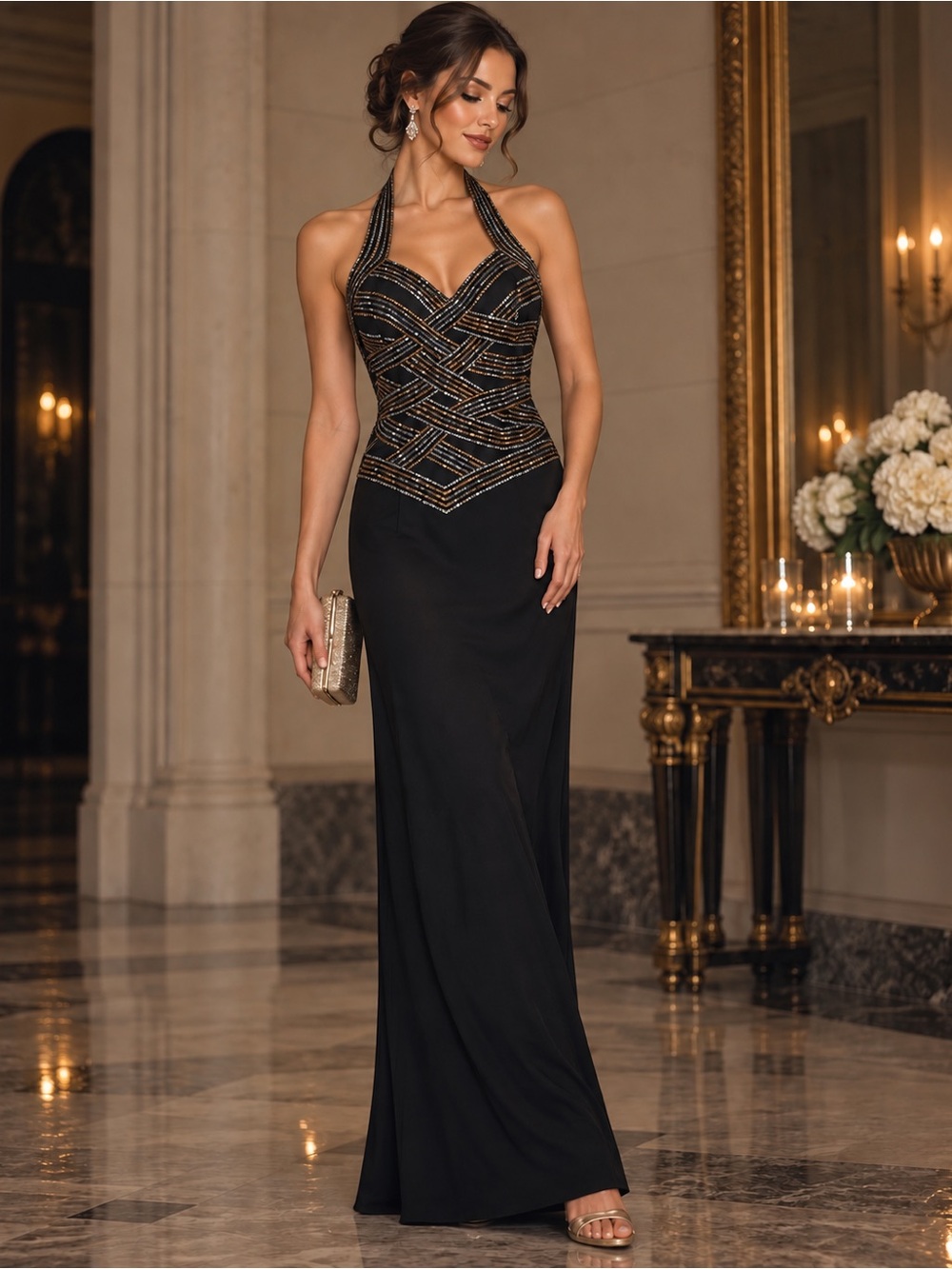 Vintage Jovani Halter Black Gold Silver/ 90s Y2K Evening Gown